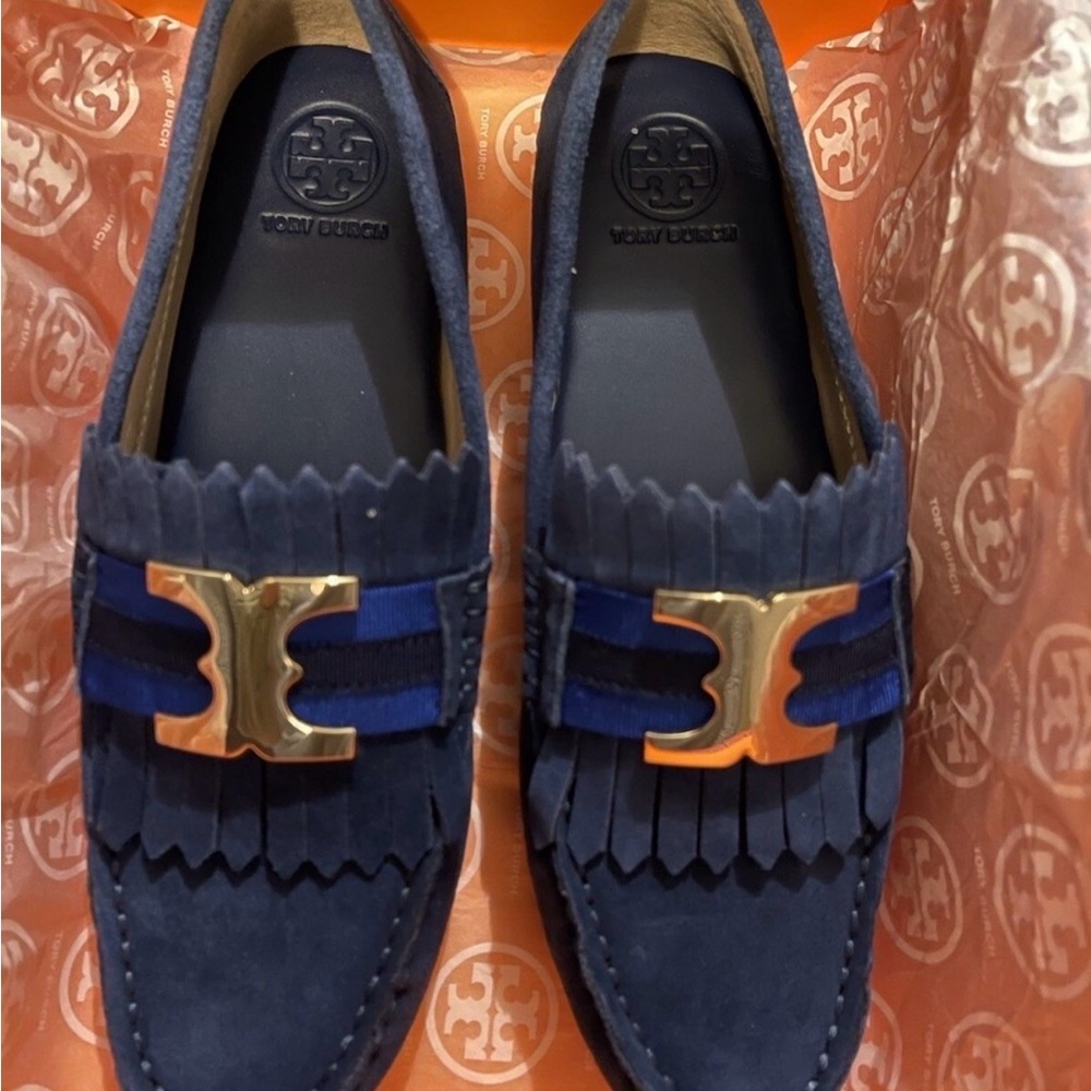 Tory Burch Gemini Link Driving Loafer - Navy Suede - Size 9.5 w Godl Hardware